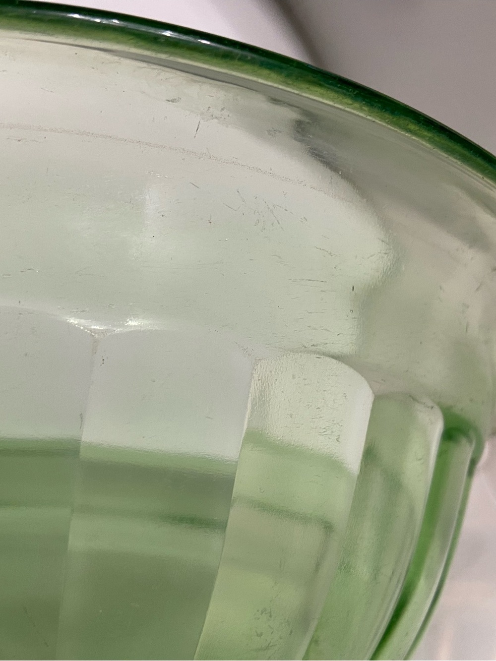 Vtg Hazel Atlas Green Depression Uranium Glass Ribbed Mixing Bowl 4-Footed Base - Picture 14 of 17